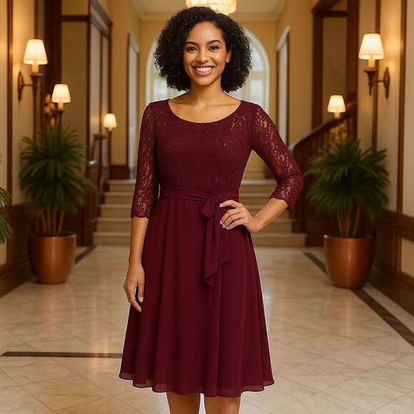 Alex Evenings Petite Burgundy Lace Chiffon Dress Formal Cocktail Wedding Guest - Picture 5 of 13